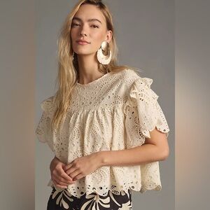 Farm Rio Off-White Palm Tree Richelieu Lace Blouse Top XL